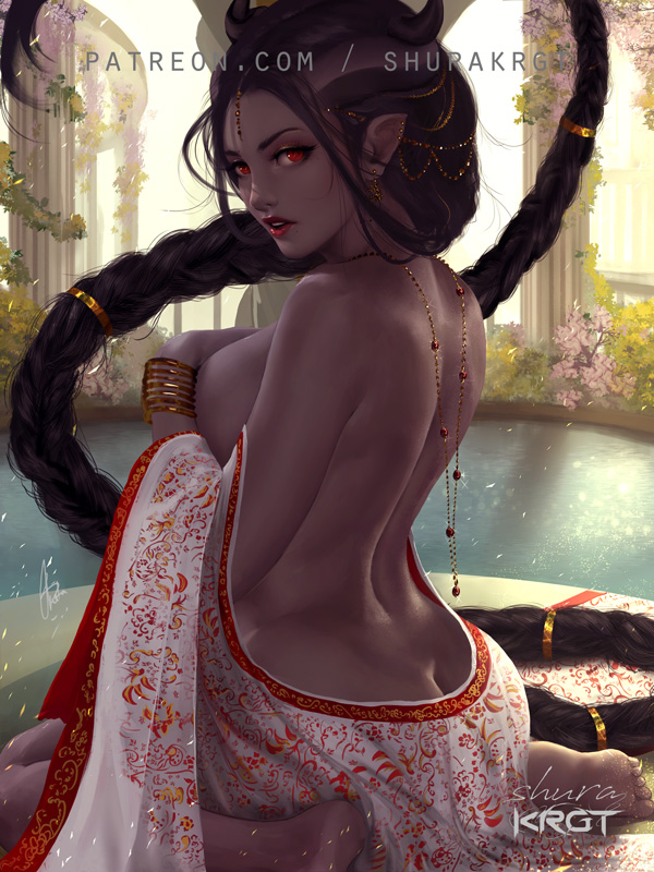 artist_name ass back bath bathhouse bracelet braid breasts brown_hair butt_crack commentary covering covering_breasts dark_skin dress flower from_behind hair_ornament hand_on_own_chest jewelry large_breasts long_braid long_hair looking_at_viewer looking_back necklace original patreon_username pillar pointy_ears pool poolside realistic red_eyes red_lips shurakrgt sideboob single_braid sitting solo topless very_long_hair wariza water white_dress