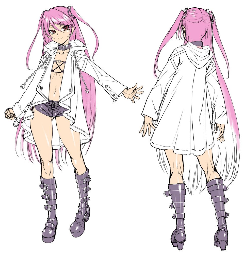1girl bare_legs bare_shoulders boots breasts character_sheet collar curvy demon_girl felicia_(taimanin_kurenai) female full_body gluteal_fold lilith-soft long_hair looking_at_viewer multiple_views partially_visible_vulva pink_hair pointy_ears red_eyes shiny shiny_skin short_shorts shorts simple_background small_breasts smile solo standing taimanin_(series) taimanin_asagi_battle_arena taimanin_kurenai thighs twintails very_long_hair white_background zol