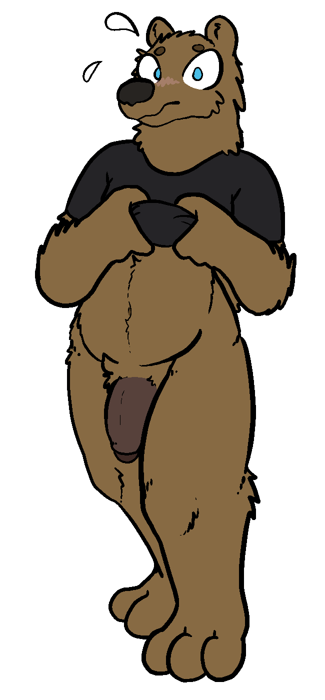 3_toes aliasing alpha_channel anthro bear blue_eyes brown_fur clothed clothing clothing_lift digital_media_(artwork) flaccid fur looking_at_viewer male mammal penis shirt shirt_lift simple_background solo sweat toes transparent_background trout_(artist)