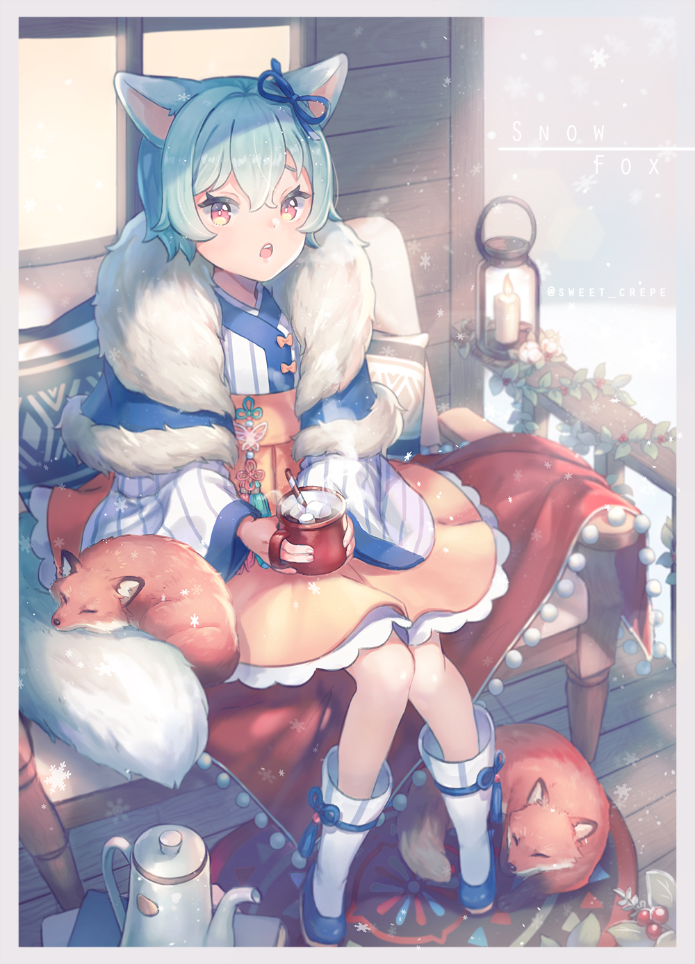 animal animal_ears bangs bench blue_capelet blue_hair blue_ribbon boots brown_skirt burning candle capelet commentary cup drinking_straw fire food fox fox_ears fox_girl fox_tail fur-trimmed_capelet fur_trim hair_between_eyes hair_ribbon highres holding holding_cup lantern long_sleeves looking_at_viewer marshmallow mug original outdoors parted_lips rapueru red_eyes ribbon sitting skirt solo steam striped tail teapot twitter_username upper_teeth vertical_stripes white_footwear wide_sleeves window wooden_floor wooden_wall