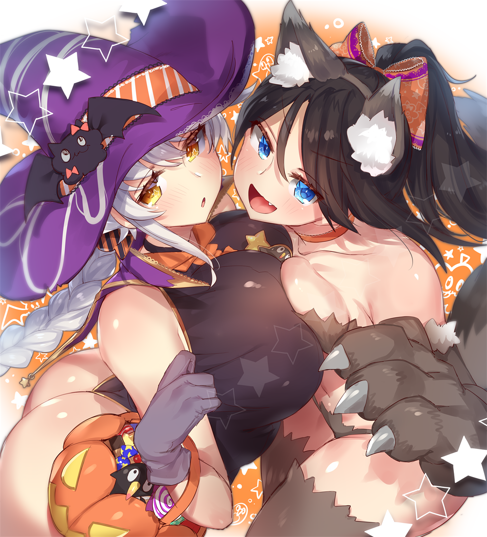 2girls alternate_costume alternate_hairstyle animal_ears arched_back ass asymmetrical_docking bare_shoulders black_hair black_leotard blue_eyes blue_hair blush braid breast_press breasts choker commentary_request dog_ears dog_tail eyebrows_visible_through_hair failure_penguin fake_animal_ears fake_tail fang gloves gradient_hair hair_between_eyes hair_ribbon hairband halloween_costume hat huge_breasts jitome kantai_collection katsuragi_(kantai_collection) leotard long_hair looking_at_viewer midriff multicolored_hair multiple_girls open_mouth paw_gloves paws ponytail red_choker ribbon shiny shiny_clothes silver_hair single_braid small_breasts star star_print tail thighhighs thighs unryuu_(kantai_collection) very_long_hair witch_hat yamaarashi yellow_eyes