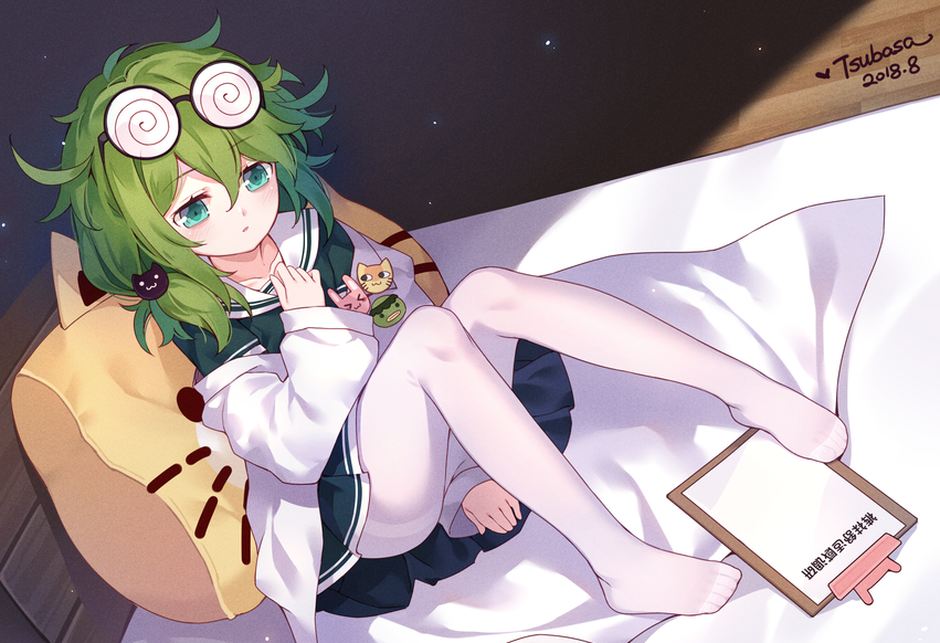 bangs bed benghuai_xueyuan between_legs character_request clipboard coke-bottle_glasses commentary_request dated dutch_angle eyebrows_visible_through_hair eyewear_on_head glasses green_eyes green_hair green_serafuku green_shirt green_skirt hair_between_eyes hand_between_legs jacket long_sleeves no_shoes on_bed open_clothes open_jacket pantyhose parted_lips pleated_skirt sailor_collar school_uniform serafuku shirt signature sitting skirt solo tsubasa_tsubasa white_jacket white_legwear white_sailor_collar wooden_floor