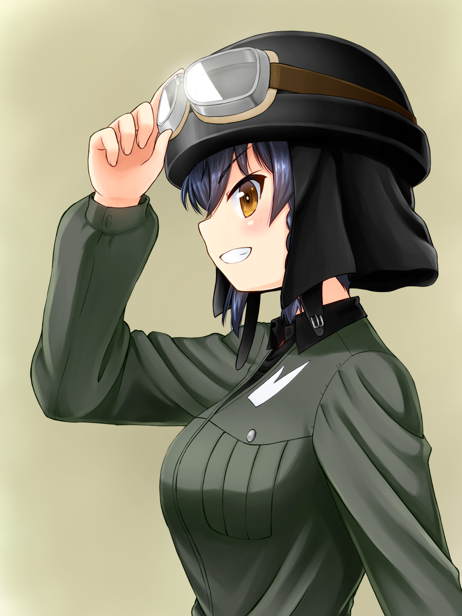 adjusting_headwear anzio_military_uniform bangs black_hair black_hat black_shirt braid brown_background brown_eyes commentary_request dress_shirt eyebrows_visible_through_hair from_side girls_und_panzer goggles goggles_on_headwear grey_jacket grin hat helmet highres jacket long_sleeves looking_at_viewer military military_uniform pepperoni_(girls_und_panzer) ruka_(piyopiyopu) shirt short_hair side_braid simple_background smile solo standing uniform v-shaped_eyebrows