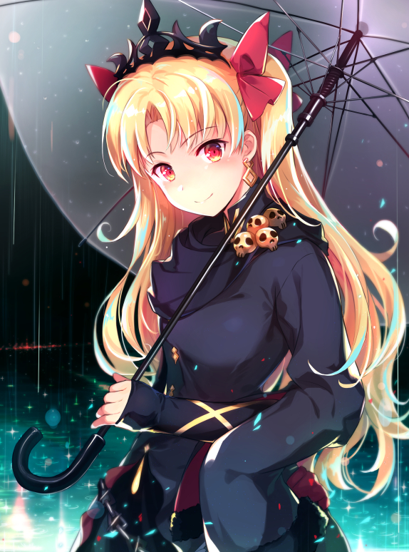 bangs black_coat black_umbrella blonde_hair blush commentary_request ereshkigal_(fate/grand_order) fate/grand_order fate_(series) hair_ribbon hinooka_shuuji long_hair looking_at_viewer parted_bangs rain red_eyes red_ribbon ribbon skull smile solo tiara two_side_up umbrella