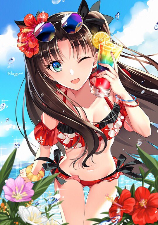 aqua_eyes arm_at_side ass_visible_through_thighs bangs beach bikini black_bow black_hair black_ribbon blue_eyes blurry bow bracelet breasts chinese_commentary cleavage cloud collarbone commentary_request cowboy_shot cup day depth_of_field drinking_glass eyebrows_visible_through_hair eyewear_on_head fate/stay_night fate_(series) floating_hair floral_print flower food frilled_bikini frills fruit gradient_eyes groin hair_flower hair_ornament hair_ribbon halter_top halterneck hand_up happy head_tilt hibiscus holding holding_cup horizon jewelry leaf leaning_forward legs_together long_hair looking_at_viewer multicolored multicolored_eyes nail_polish navel nose_pads ocean off_shoulder one_eye_closed orange orange_slice outdoors parted_bangs print_bikini purple_flower red_bikini red_flower red_nails ribbon scrunchie sky small_breasts smile solo sparkle standing straight_hair summer sunglasses swimsuit thigh_gap toosaka_rin tropical_drink twitter_username two_side_up very_long_hair water water_drop white_flower wind wrist_scrunchie yaoshi_jun yellow_scrunchie