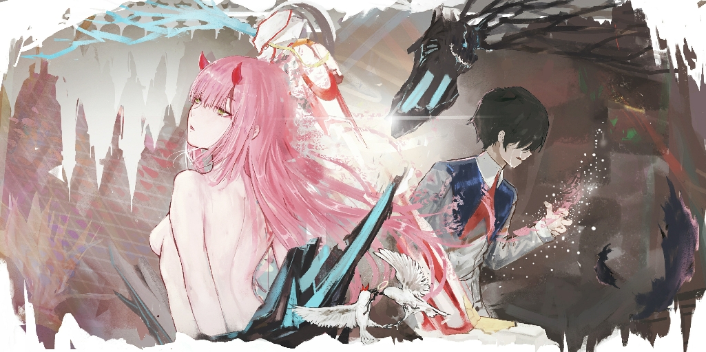 1girl abstract bangs bird black_hair breasts clothed_male_nude_female commentary couple crying darling_in_the_franxx floating_hair green_eyes hei_xue hetero hiro_(darling_in_the_franxx) horns long_hair long_sleeves mecha medium_breasts military military_uniform necktie nude oni_horns pink_hair red_horns red_neckwear strelizia tears uniform zero_two_(darling_in_the_franxx)