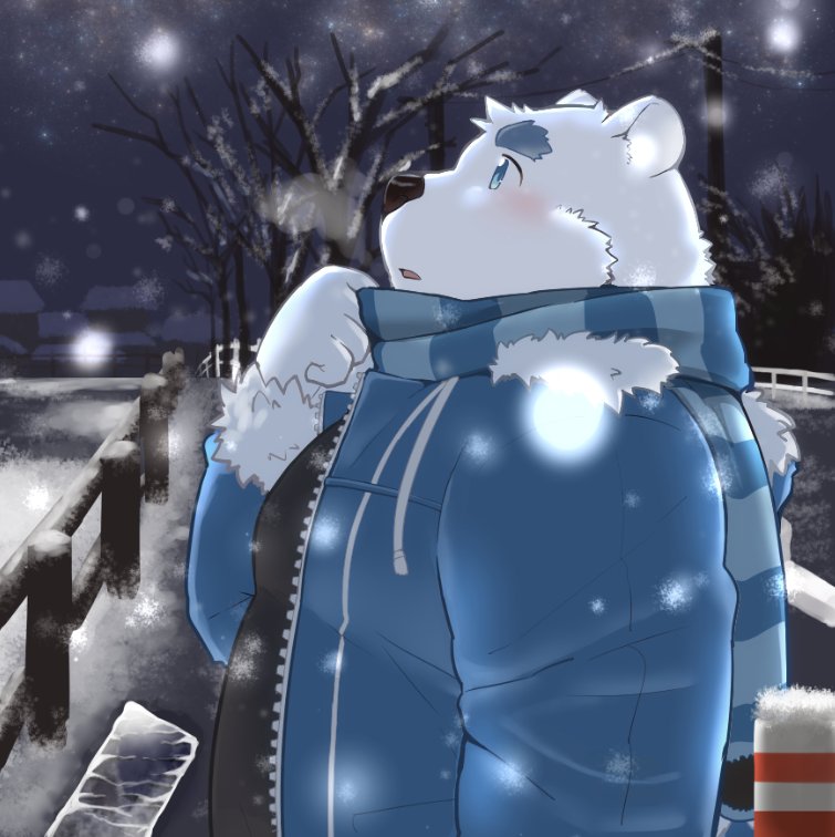 12beat13 2016 anthro bear blush fur male mammal night overweight overweight_male polar_bear scarf shirane_kan snow solo utau white_fur winter