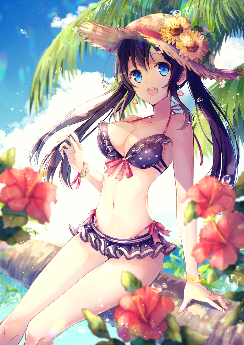 :d arm_support bangs bare_shoulders bikini black_bikini black_hair blue_eyes blue_sky blurry blurry_foreground blush breasts cleavage cloud cloudy_sky collarbone commentary_request day depth_of_field earrings fingernails flower goma_(11zihisin) hair_between_eyes hand_up hat hat_flower horizon in_tree jewelry long_hair medium_breasts navel ocean open_mouth original outdoors palm_tree polka_dot polka_dot_bikini red_flower round_teeth sky smile solo straw_hat swimsuit teeth tree tree_branch twintails upper_teeth very_long_hair water yellow_flower
