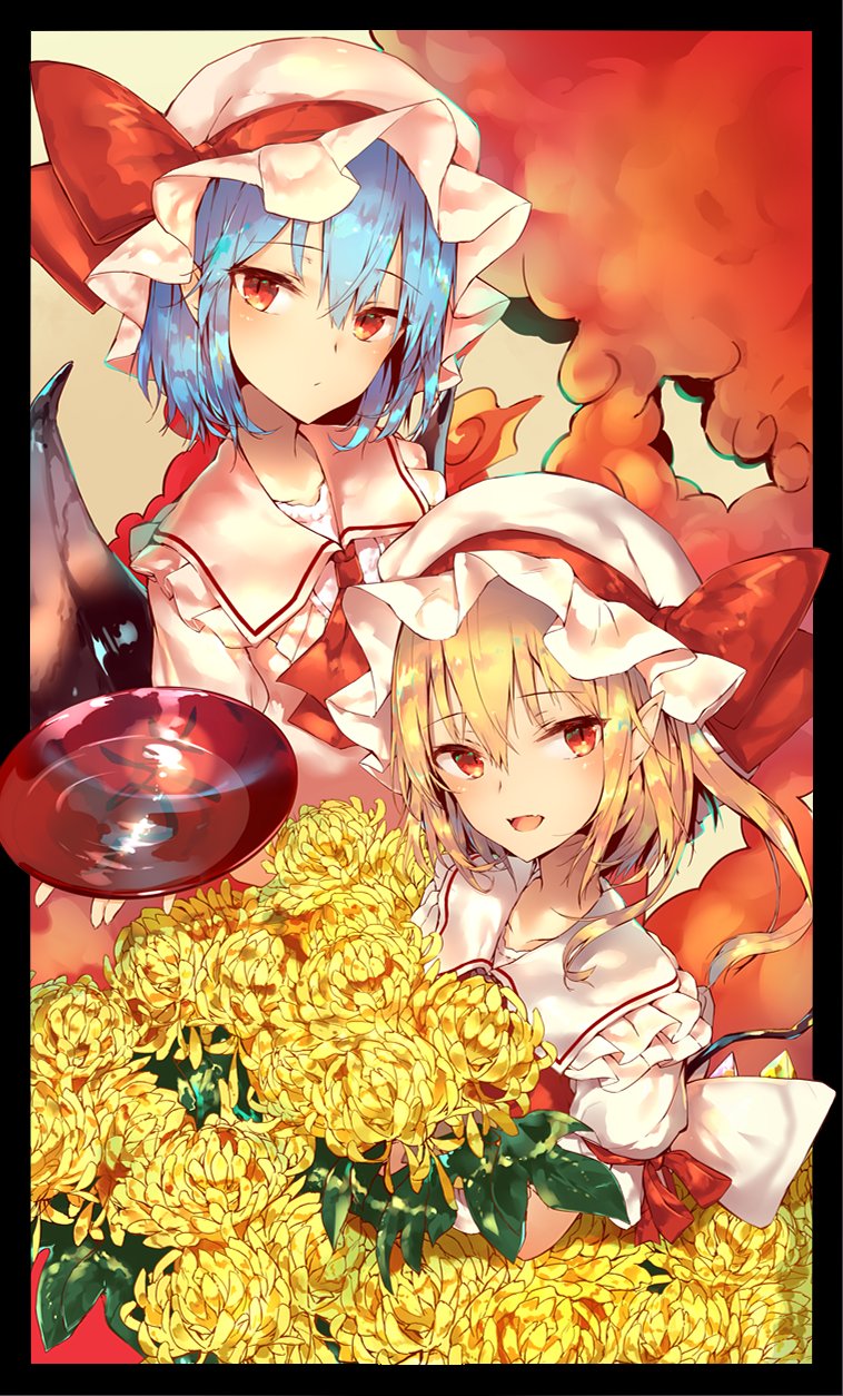 alcohol arm_ribbon ascot bangs bat_wings beige_background black_border blonde_hair blue_hair blush border bow collarbone commentary_request cup eyebrows_visible_through_hair fang flandre_scarlet flower frilled_shirt_collar frills hair_between_eyes hat hat_bow highres holding holding_cup leaf looking_at_viewer mob_cap multiple_girls open_mouth pointy_ears puffy_short_sleeves puffy_sleeves red_bow red_eyes red_neckwear red_ribbon red_vest remilia_scarlet ribbon sakazuki sake sakusyo short_sleeves siblings sisters touhou upper_body vest white_hat wings yellow_flower