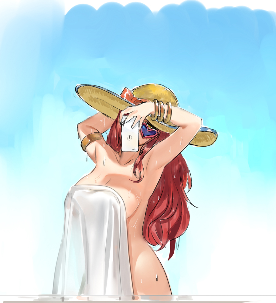 armpits arms_behind_back blue_sky bracelet breasts cellphone cleavage collarbone covering gradient gradient_background hat hat_ribbon heart heart-shaped_eyewear holding holding_towel jewelry league_of_legends long_hair looking_at_phone nude_cover pd_(pdpdlv1) phone pool_party_miss_fortune red_hair ribbon sarah_fortune self_shot sky smartphone solo sun_hat sunglasses thighs towel wet yellow_eyes