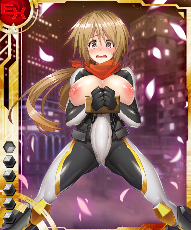 1girl areolae armor asahi bangs blonde_hair blurry blush bodysuit breasts breasts_outside brown_eyes card_(medium) chains city cleavage curvy depth_of_field embarrassed erection erection_under_clothes eyebrows_visible_through_hair futanari huge_breasts large_breasts lilith-soft long_hair looking_at_viewer moaning nipples open_mouth petals pose puffy_nipples scared scarf separated_legs shiny shiny_skin solo spread_legs standing stocks taimanin_(series) taimanin_asagi taimanin_asagi_battle_arena taimanin_asagi_battle_arena_all_card_gallery tears utashima_mugi