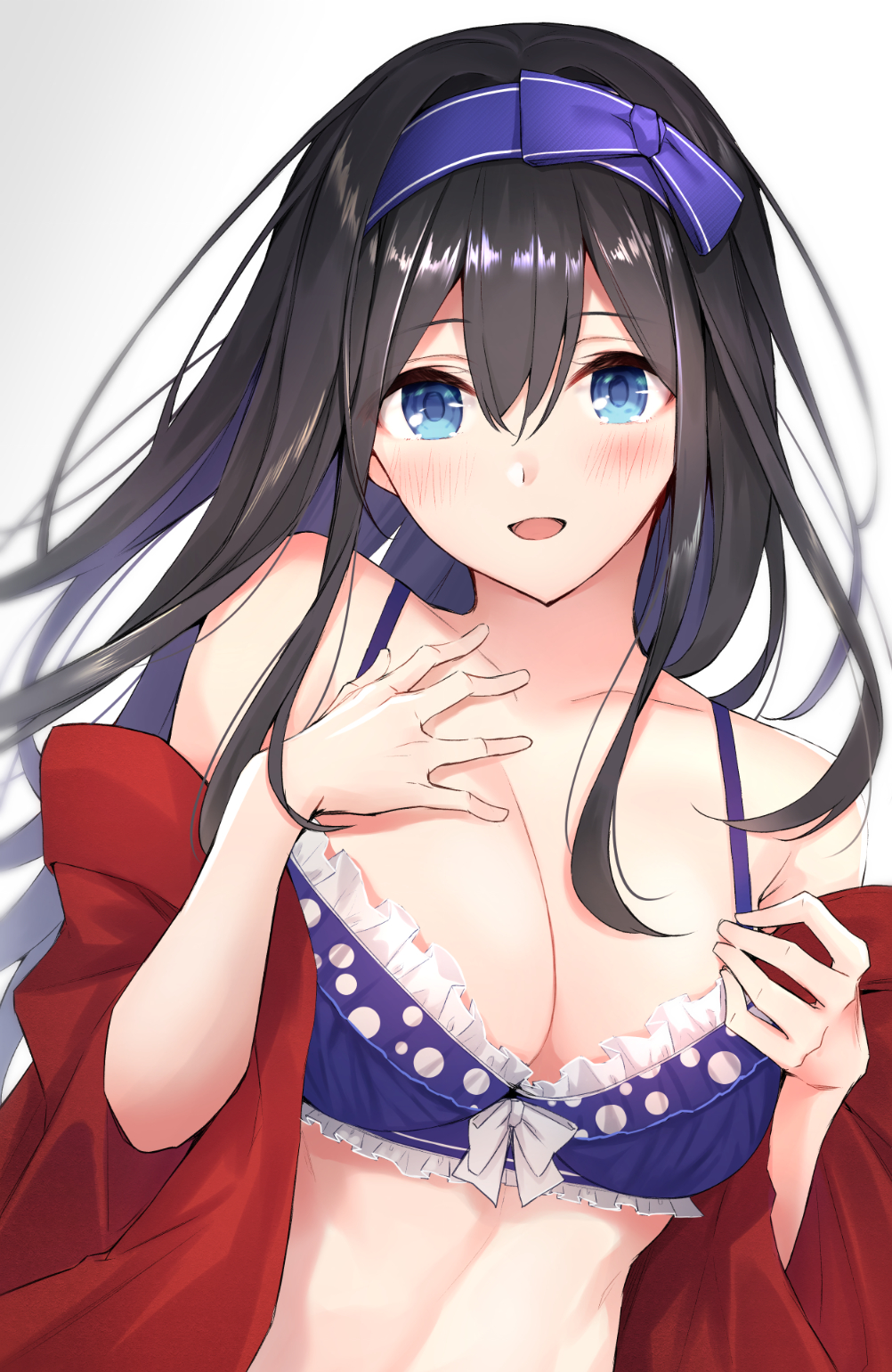 anza_tomo bikini black_hair blue_bikini blue_eyes blush breasts cape cleavage collarbone commentary_request eyebrows_visible_through_hair hair_between_eyes hairband hands_on_own_chest highres idolmaster idolmaster_cinderella_girls jewelry large_breasts long_hair looking_at_viewer necklace red_cape sagisawa_fumika simple_background smile solo swimsuit upper_body