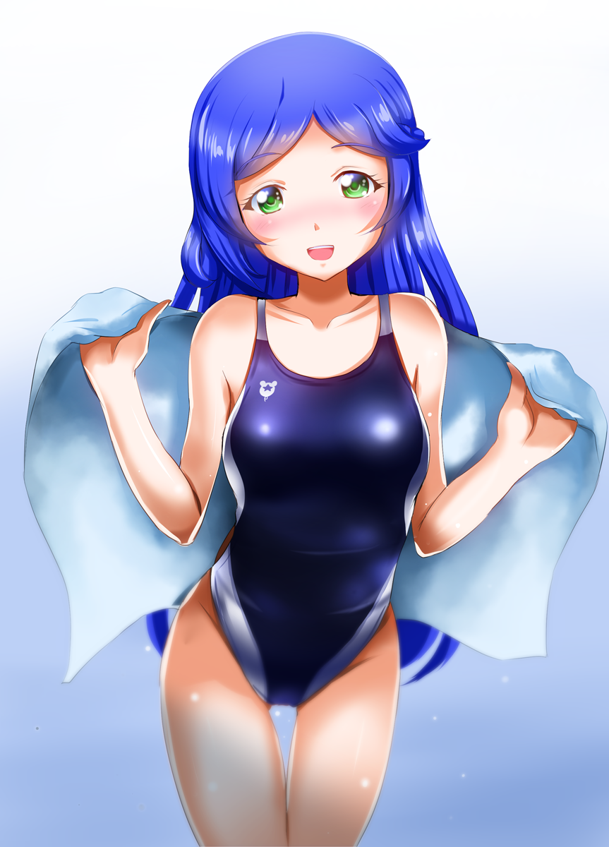 :d aoba_rinka ass_visible_through_thighs bangs blue_hair blue_swimsuit blurry blush breasts c-wing collarbone commentary_request competition_swimsuit cowboy_shot depth_of_field eyebrows_visible_through_hair gradient gradient_background green_eyes hands_up head_tilt highres holding holding_towel kiratto_pri_chan long_hair looking_at_viewer one-piece_swimsuit open_mouth parted_bangs pretty_(series) shiny shiny_clothes sidelocks smile solo swimsuit thigh_gap towel very_long_hair