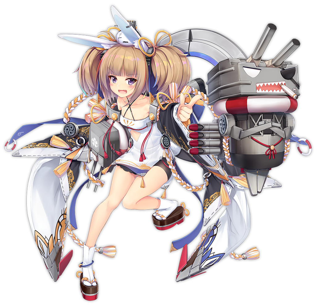 adapted_costume aixioo anchor_symbol animal_ears azur_lane bare_shoulders breasts brown_hair bunny_ears cannon collarbone detached_sleeves fang full_body hair_ornament kagerou_(azur_lane) long_hair looking_at_viewer machinery official_art open_mouth pointing pointing_at_viewer purple_eyes rigging small_breasts solo torpedo transparent_background turret twintails white_legwear wide_sleeves