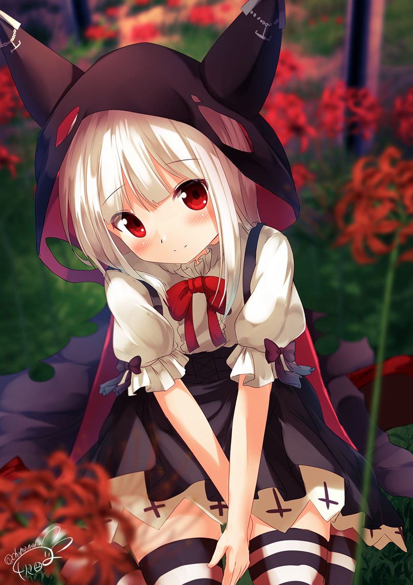 azur_lane bangs black_cape black_skirt blurry blurry_background blurry_foreground blush cape chinomaron closed_mouth commentary_request day depth_of_field erebus_(azur_lane) eyebrows_visible_through_hair flower hair_between_eyes head_tilt highres hooded_cape horns long_hair outdoors pleated_skirt puffy_short_sleeves puffy_sleeves red_eyes red_flower shirt short_sleeves signature silver_hair sitting skirt smile solo striped striped_legwear thighhighs torn_clothes twitter_username wariza white_shirt