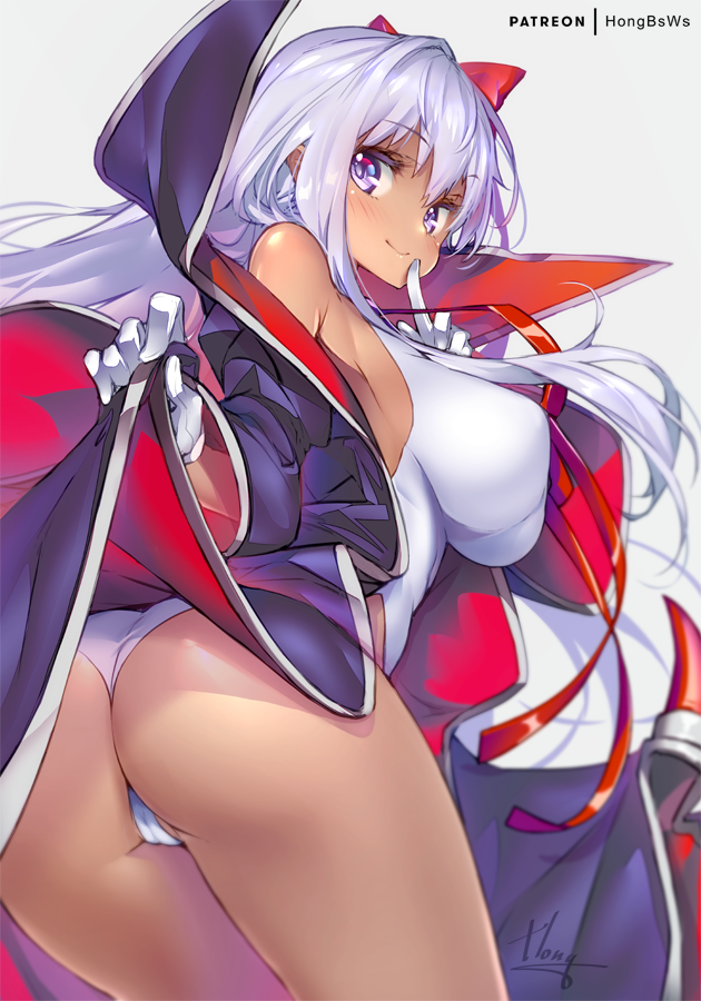 armpits ass bb_(fate)_(all) bb_(swimsuit_mooncancer)_(fate) breasts cape_lift colored_eyelashes commentary covered_nipples cowboy_shot eyebrows_visible_through_hair fate/grand_order fate_(series) from_behind gloves hair_ribbon highleg highleg_swimsuit hong_(white_spider) impossible_clothes index_finger_raised large_breasts leaning_forward lifted_by_self long_hair looking_at_viewer neck_ribbon one-piece_swimsuit partially_visible_vulva purple_eyes purple_hair red_ribbon ribbon signature solo swimsuit tan thighs very_long_hair white_gloves white_swimsuit