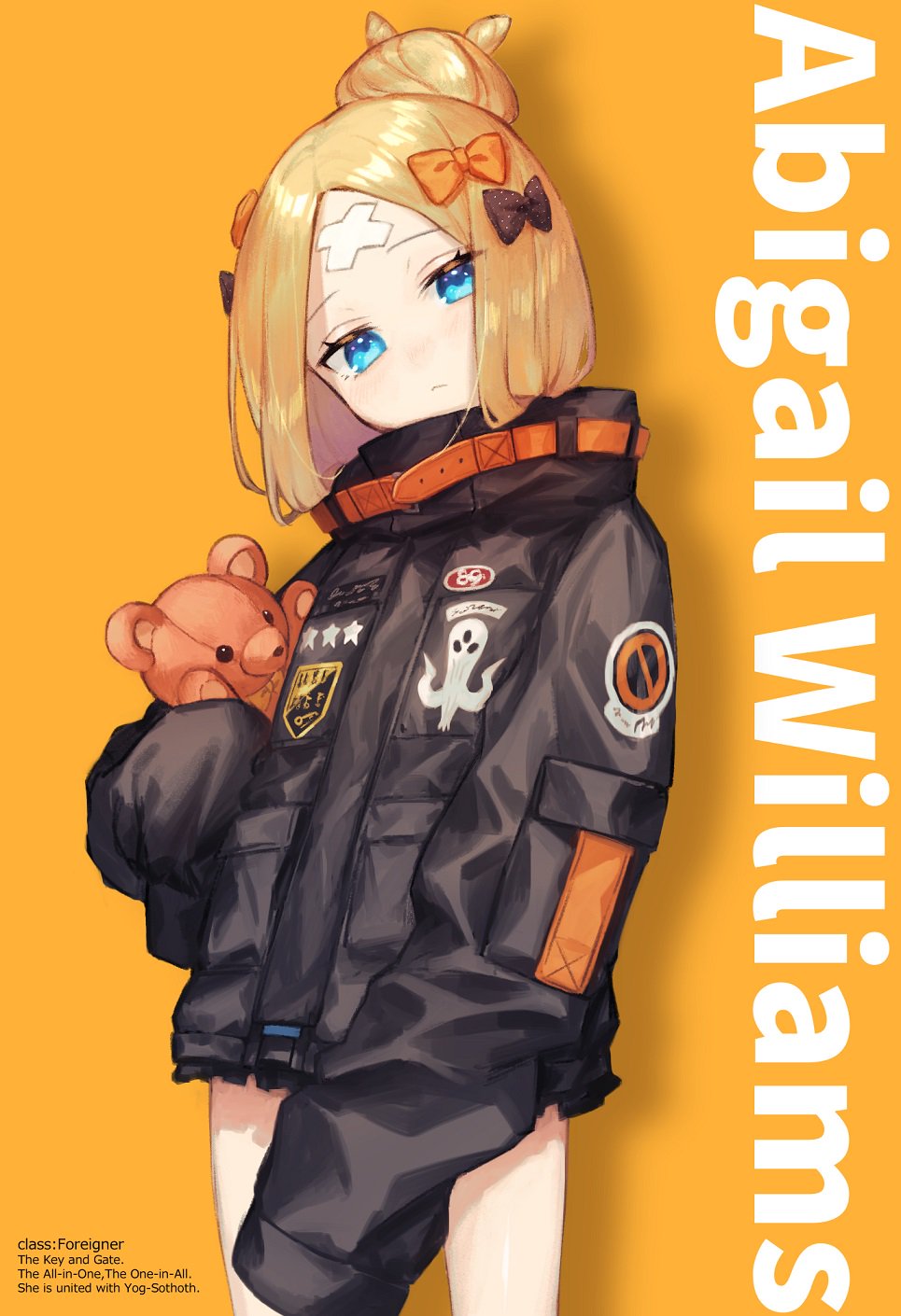 abigail_williams_(fate/grand_order) background_text bangs black_bow black_jacket blonde_hair blue_eyes blush bow character_name closed_mouth crossed_bandaids english eyebrows_visible_through_hair fate/grand_order fate_(series) hair_bow hair_bun head_tilt heroic_spirit_traveling_outfit highres jacket key long_hair long_sleeves looking_at_viewer object_hug orange_background orange_bow parted_bangs polka_dot polka_dot_bow simple_background sleeves_past_fingers sleeves_past_wrists solo standing star stuffed_animal stuffed_toy teddy_bear usuke_(u_skeeep)