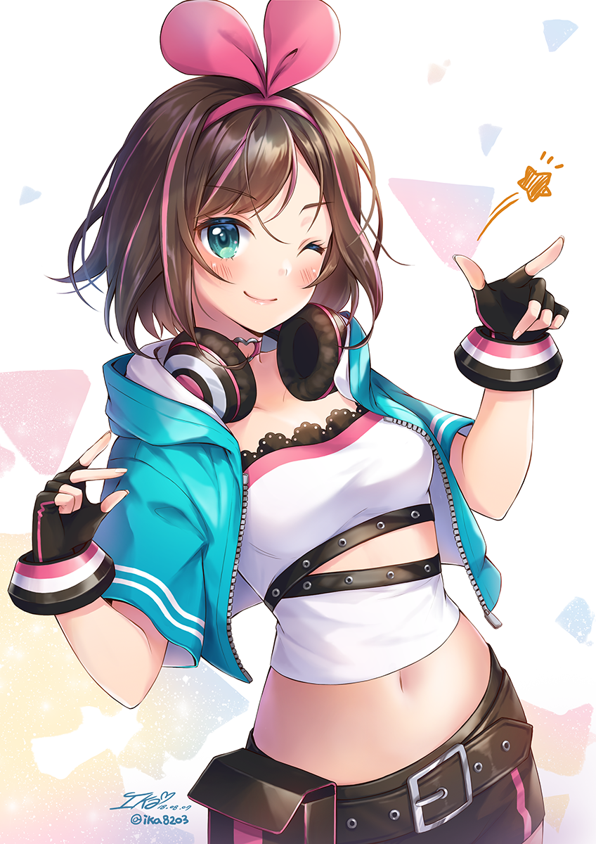 ;) a.i._channel aqua_eyes aqua_jacket artist_name bangs blush breasts brown_hair choker commentary_request dated fingerless_gloves gloves headphones heart heart_choker highres ika_(4801055) jacket kizuna_ai looking_at_viewer medium_breasts midriff multicolored_hair navel one_eye_closed open_clothes pink_hair short_hair short_shorts short_sleeves shorts signature smile solo stomach streaked_hair swept_bangs two-tone_hair