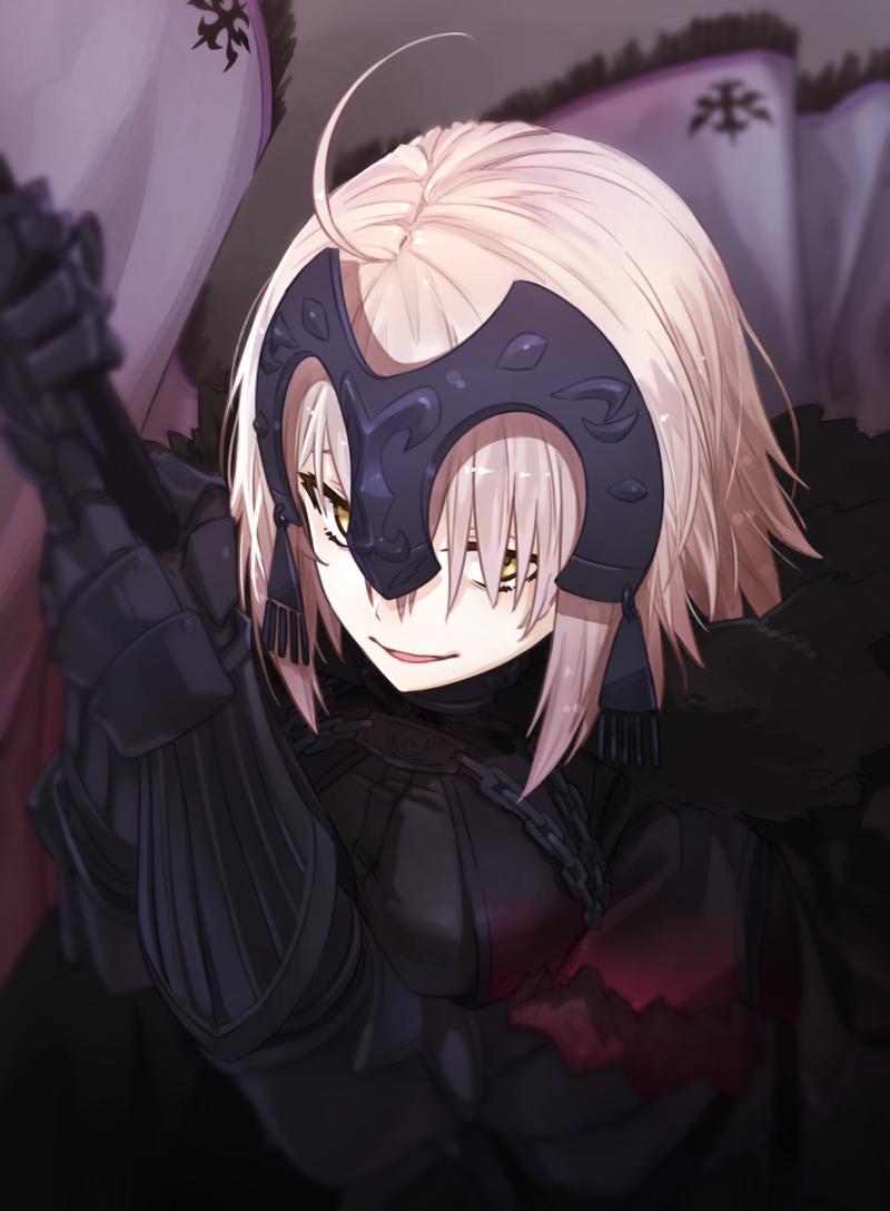 ahoge armor armored_dress arms_up bangs blurry breasts chain fate/grand_order fate_(series) flag gauntlets hair_between_eyes headpiece holding holding_flag jeanne_d'arc_(alter)_(fate) jeanne_d'arc_(fate)_(all) logo looking_at_viewer m-ya mountain parted_lips red_sky short_hair silver_hair sky smile solo upper_body warrior