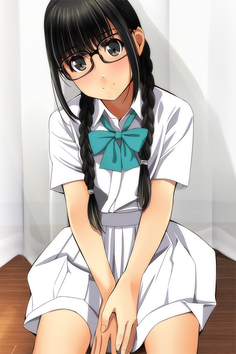 bangs black-framed_eyewear black_eyes black_hair blush braid closed_mouth collared_shirt commentary_request eyebrows_visible_through_hair fingernails glasses hair_between_eyes hair_over_shoulder hair_tie head_tilt highres long_hair looking_at_viewer low_twintails matsunaga_kouyou original pleated_skirt shirt short_sleeves sitting skirt smile solo twin_braids twintails v_arms very_long_hair white_shirt white_skirt