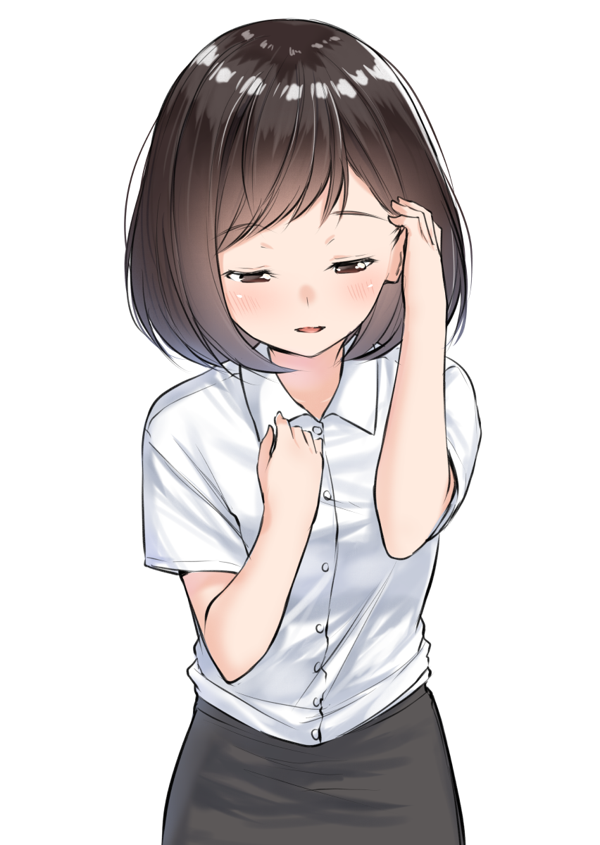 arm_up bangs blush bob_cut brown_eyes brown_hair brown_skirt collared_shirt commentary_request dress_shirt eyebrows_visible_through_hair half-closed_eyes hand_up highres looking_at_viewer original parted_lips shirt simple_background skirt solo white_background white_shirt yuki_arare
