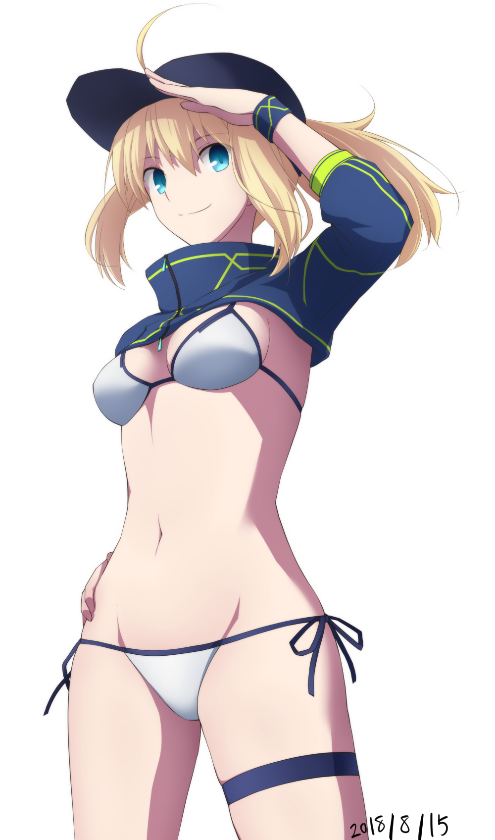 artoria_pendragon_(all) bikini blonde_hair blue_eyes blue_jacket breasts cowboy_shot cropped_jacket dated fate/grand_order fate_(series) highres jacket long_hair looking_at_viewer medium_breasts mysterious_heroine_xx_(foreigner) navel pikoguramyu ponytail salute shrug_(clothing) side-tie_bikini simple_background smile solo swimsuit track_jacket white_background white_bikini