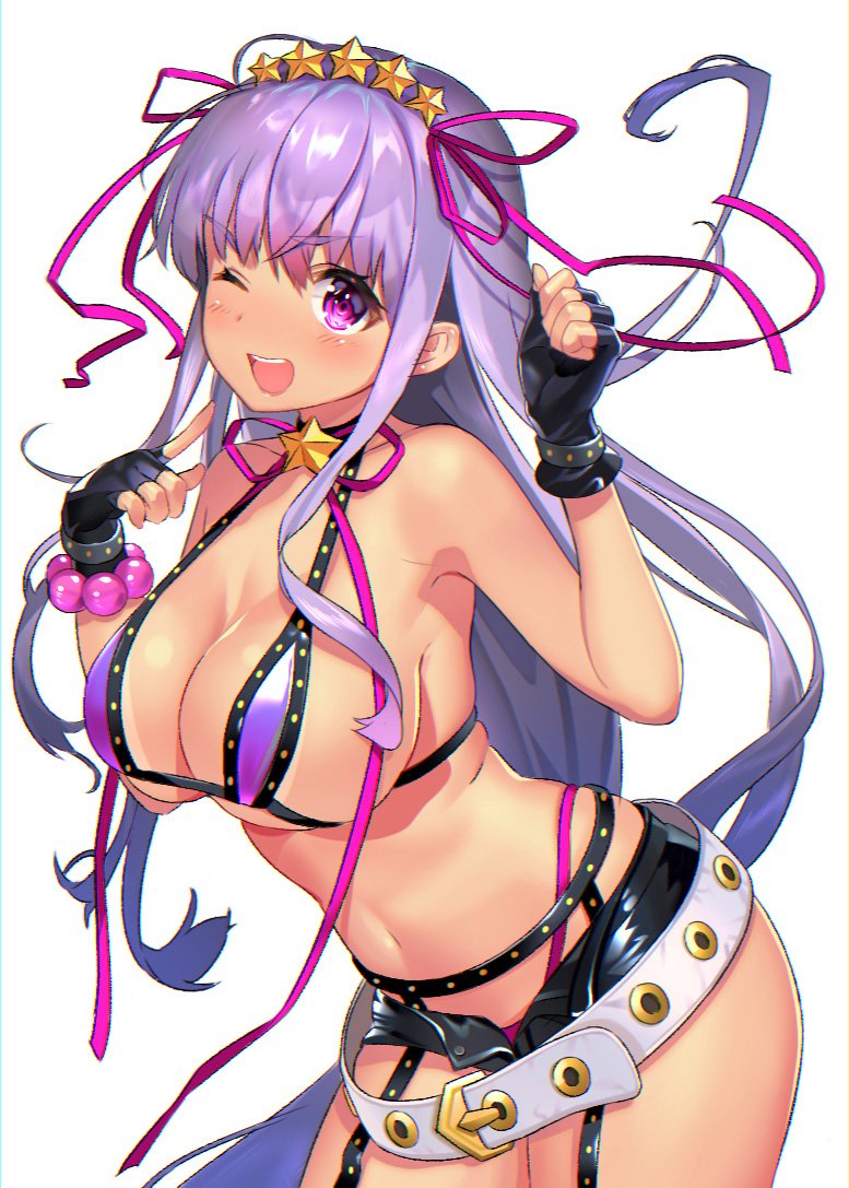 ;d armpits bangs bare_arms bare_shoulders bb_(fate)_(all) bb_(swimsuit_mooncancer)_(fate) bead_bracelet beads belt belt_buckle beltskirt bikini black_choker black_gloves black_shorts blush bracelet breasts buckle choker cleavage collarbone commentary_request cowboy_shot eyebrows_visible_through_hair fate/grand_order fate_(series) fingerless_gloves floating_hair garter_straps gloves gyaru hair_between_eyes hair_ribbon halter_top halterneck hands_up index_finger_raised jewelry large_breasts leaning_forward long_hair looking_at_viewer navel nayuta_(una) one_eye_closed open_fly open_mouth pink_bikini_bottom pink_eyes pink_ribbon purple_bikini purple_hair ribbon shiny shiny_hair short_shorts shorts sidelocks simple_background smile solo standing star star_choker stomach string_bikini swimsuit tan tanline upper_teeth very_long_hair white_background white_belt