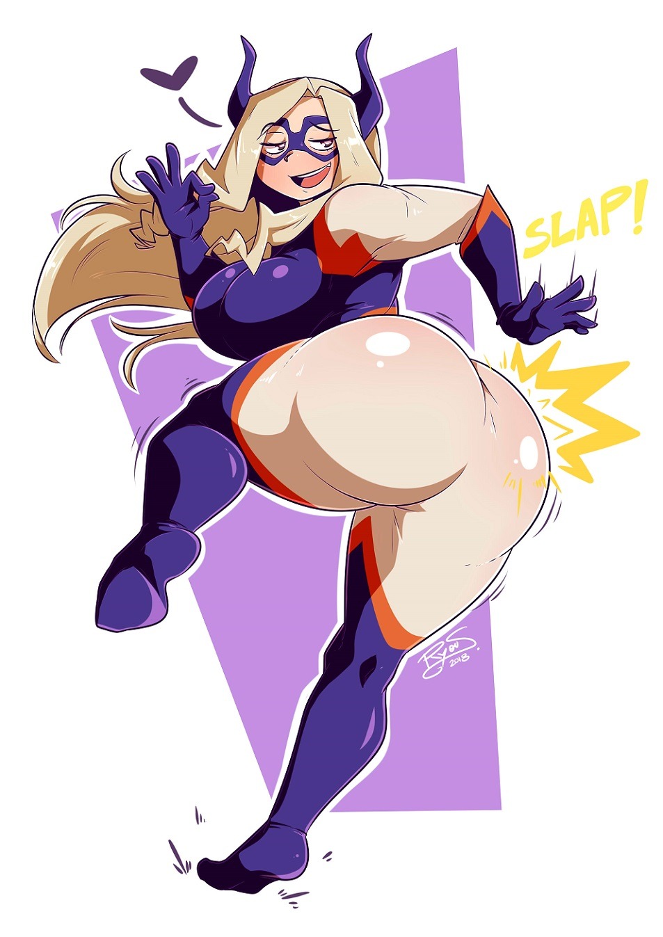 1girl 2018 artist_name ass ass_spanking blush bodysuit boku_no_hero_academia breasts curvy domino_mask from_behind hips horns huge_ass legs long_hair looking_back mask mount_lady naughty_face open_mouth outline skin_tight slapping smile solo spanking teeth thick_thighs thighs tongue wide_hips