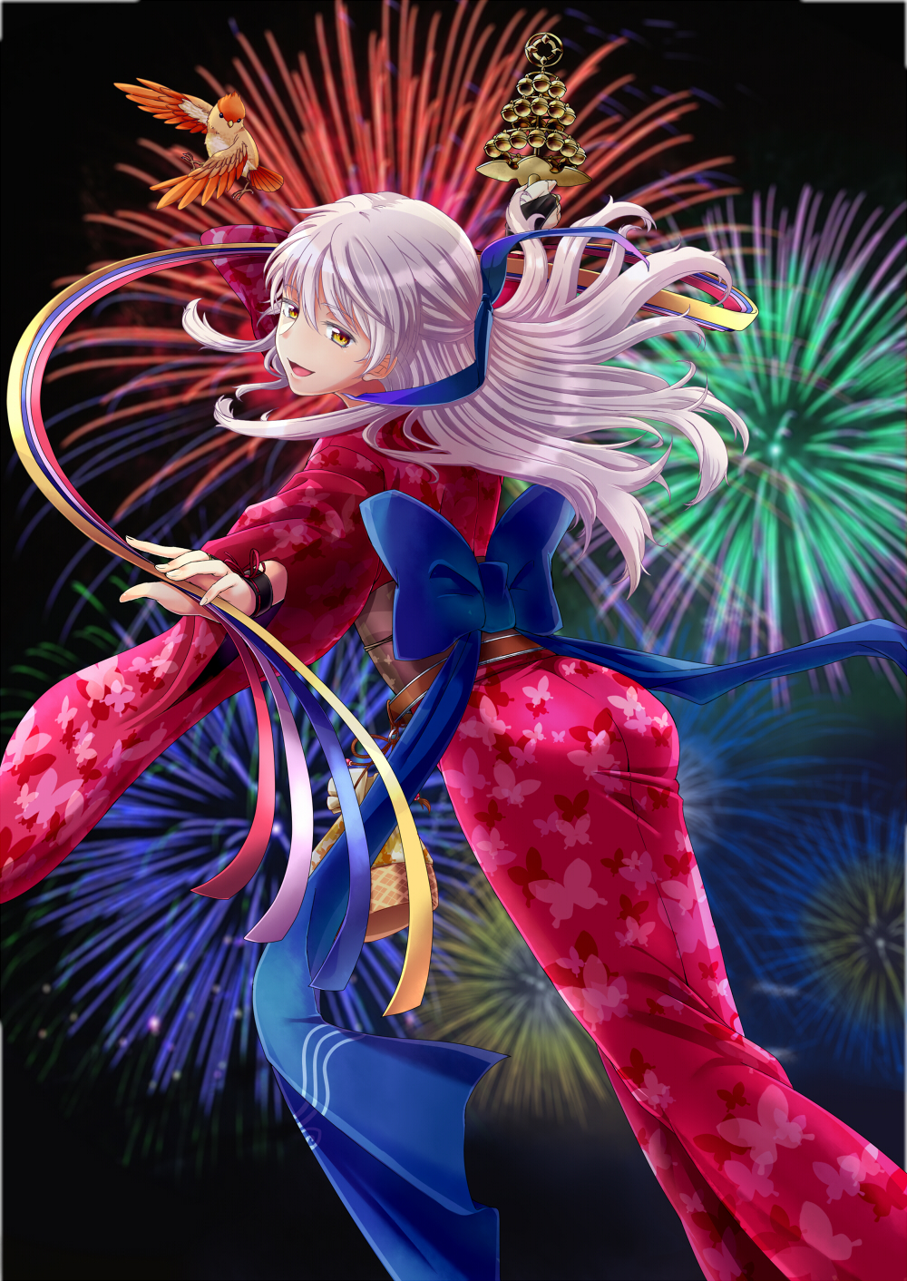 animal animal_print ass bangs bell bird black_background bridal_gauntlets bug butterfly butterfly_print commentary_request eyebrows_visible_through_hair feet_out_of_frame fire_emblem fire_emblem:_akatsuki_no_megami fire_emblem_heroes fireworks harumiya_(hayatobi23) highres holding insect japanese_clothes jingle_bell kagura_suzu kimono long_hair looking_at_viewer micaiah obi parted_lips sandals sash silver_hair smile standing wide_sleeves yellow_eyes yukata yune