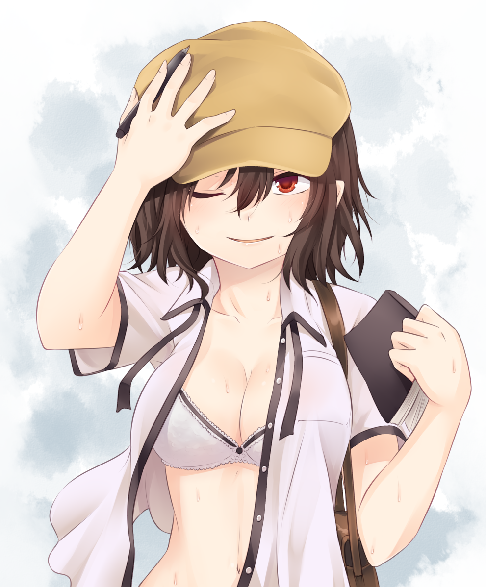 ;) arm_up bag black_ribbon blush book bra breast_pocket breasts brown_bag brown_hair brown_hat cabbie_hat cleavage collarbone commentary_request grey_background hair_between_eyes hand_on_headwear hand_up hat holding holding_book holding_pen looking_at_viewer medium_breasts miyo_(ranthath) navel one_eye_closed open_clothes open_shirt parted_lips pen pocket pointy_ears red_eyes ribbon satchel shameimaru_aya shirt short_hair smile solo stomach sweat touhou underwear upper_body white_bra white_shirt wing_collar