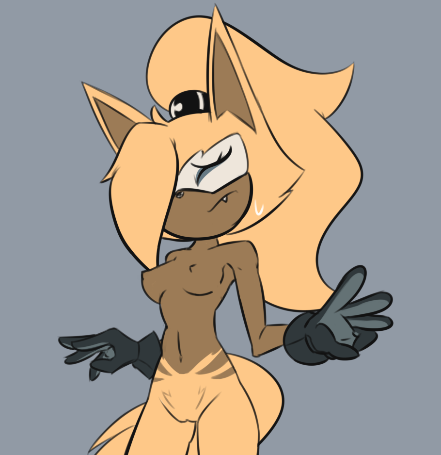 anthro blonde_hair breasts canine clothing dark_skin eyelashes eyes_closed fangs female fur gloves hair mammal nervous nipples offon ponytail pussy simple_background solo sonic_(series) whisper_the_wolf wolf
