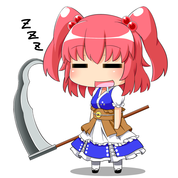 :d =_= blush breasts chibi dress drooling eyebrows_visible_through_hair full_body hair_bobbles hair_ornament hinotama_(hinotama422) holding holding_scythe holding_weapon medium_breasts obi onozuka_komachi open_mouth pink_hair puffy_short_sleeves puffy_sleeves saliva sash scythe short_sleeves simple_background sleeping sleeping_upright smile solo standing touhou two_side_up weapon white_background zzz