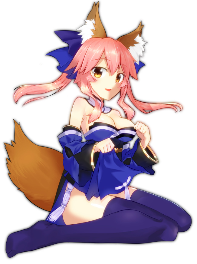 animal_ear_fluff animal_ears blue_legwear blue_ribbon breasts cleavage detached_sleeves fate/extra fate_(series) fox_ears fox_tail hair_ribbon japanese_clothes kitajoh large_breasts looking_at_viewer open_mouth pink_hair ribbon seiza simple_background sitting solo tail tamamo_(fate)_(all) tamamo_no_mae_(fate) white_background yellow_eyes