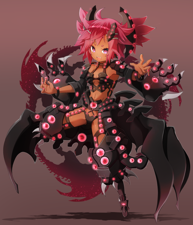 armor armpits bangs breasts claws commentary_request dark_skin dragon_girl duel_monster full_body gandora-x_the_dragon_of_demolition garoudo_(kadouhan'i) glowing hands_up leg_up long_sleeves looking_at_viewer navel open_mouth personification pink_eyes pink_hair red_background short_eyebrows short_hair simple_background slit_pupils small_breasts smile solo standing standing_on_one_leg thick_eyebrows tsurime v-shaped_eyebrows wide_sleeves yuu-gi-ou yuu-gi-ou_duel_monsters yuu-gi-ou_the_dark_side_of_dimensions