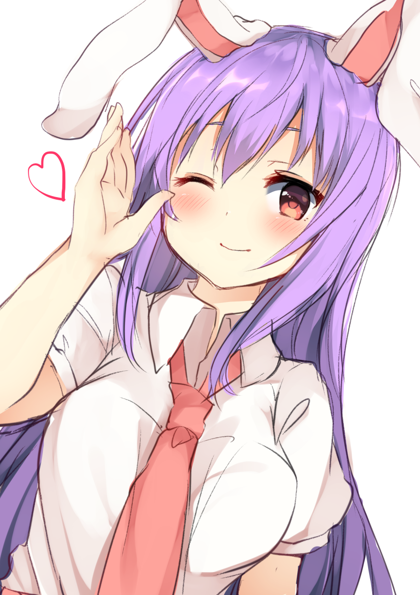 ;) animal_ears bangs blush breasts bunny_ears commentary_request dutch_angle hair_between_eyes hand_up heart karasusou_nano large_breasts long_hair looking_at_viewer necktie one_eye_closed pink_neckwear puffy_short_sleeves puffy_sleeves purple_hair red_eyes reisen_udongein_inaba shirt short_sleeves sidelocks simple_background smile solo touhou upper_body white_background white_shirt wing_collar