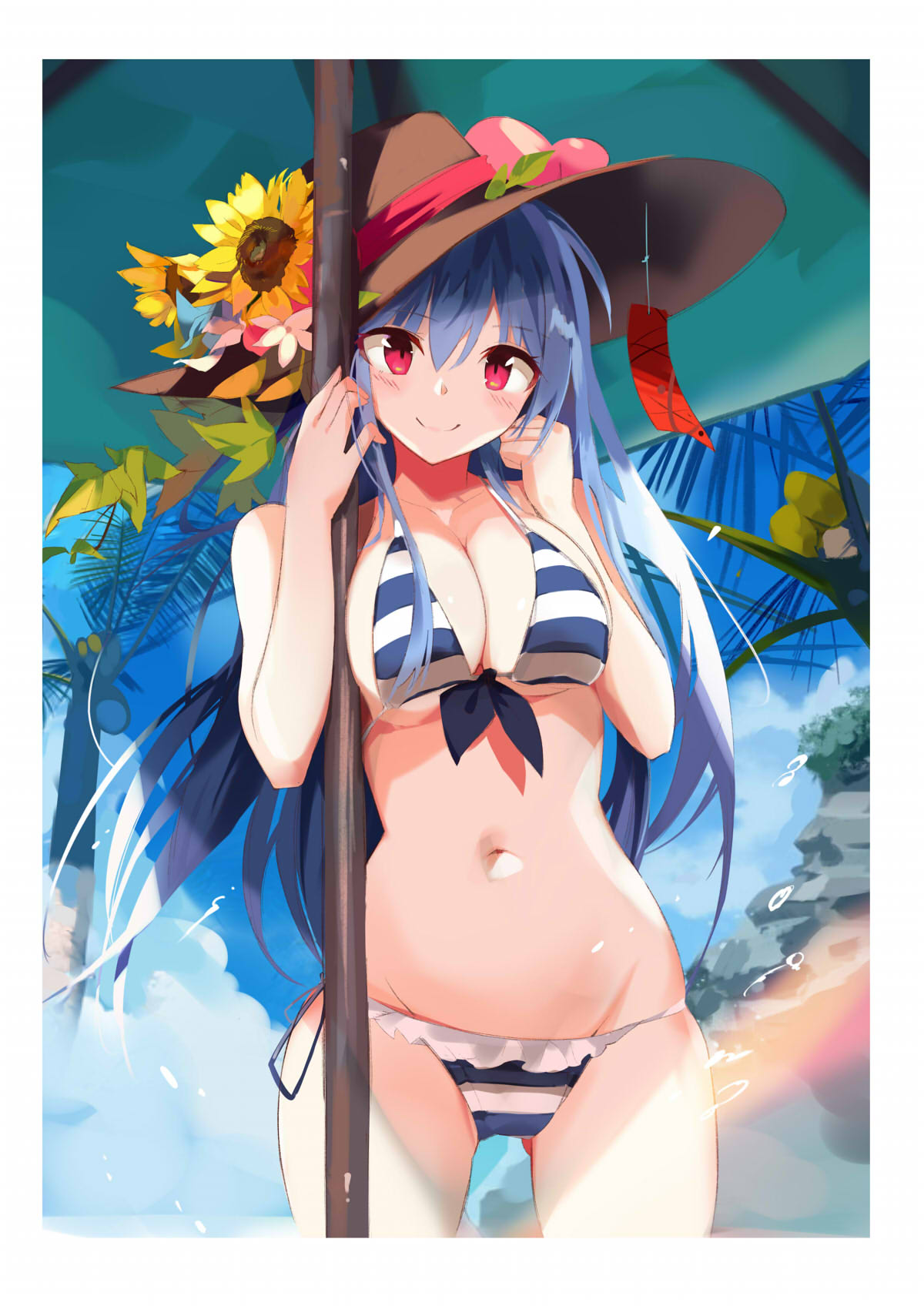 alternate_costume ass_visible_through_thighs bad_arm bangs bare_shoulders beach_umbrella bikini blue_bikini blue_hair blue_ribbon blue_sky blurry blush border breasts brown_hat cleavage clenched_hand closed_mouth commentary_request contemporary cowboy_shot day depth_of_field eyebrows_visible_through_hair flower food fruit groin hair_between_eyes hands_up hat hat_flower highres hinanawi_tenshi large_breasts leaf long_hair looking_at_viewer lowleg lowleg_bikini navel peach pink_flower red_eyes ribbon skindentation sky small_breasts smile solo standing stomach striped striped_bikini sun_hat sunflower swimsuit tetsurou_(fe+) thighs touhou tree umbrella very_long_hair white_bikini white_border