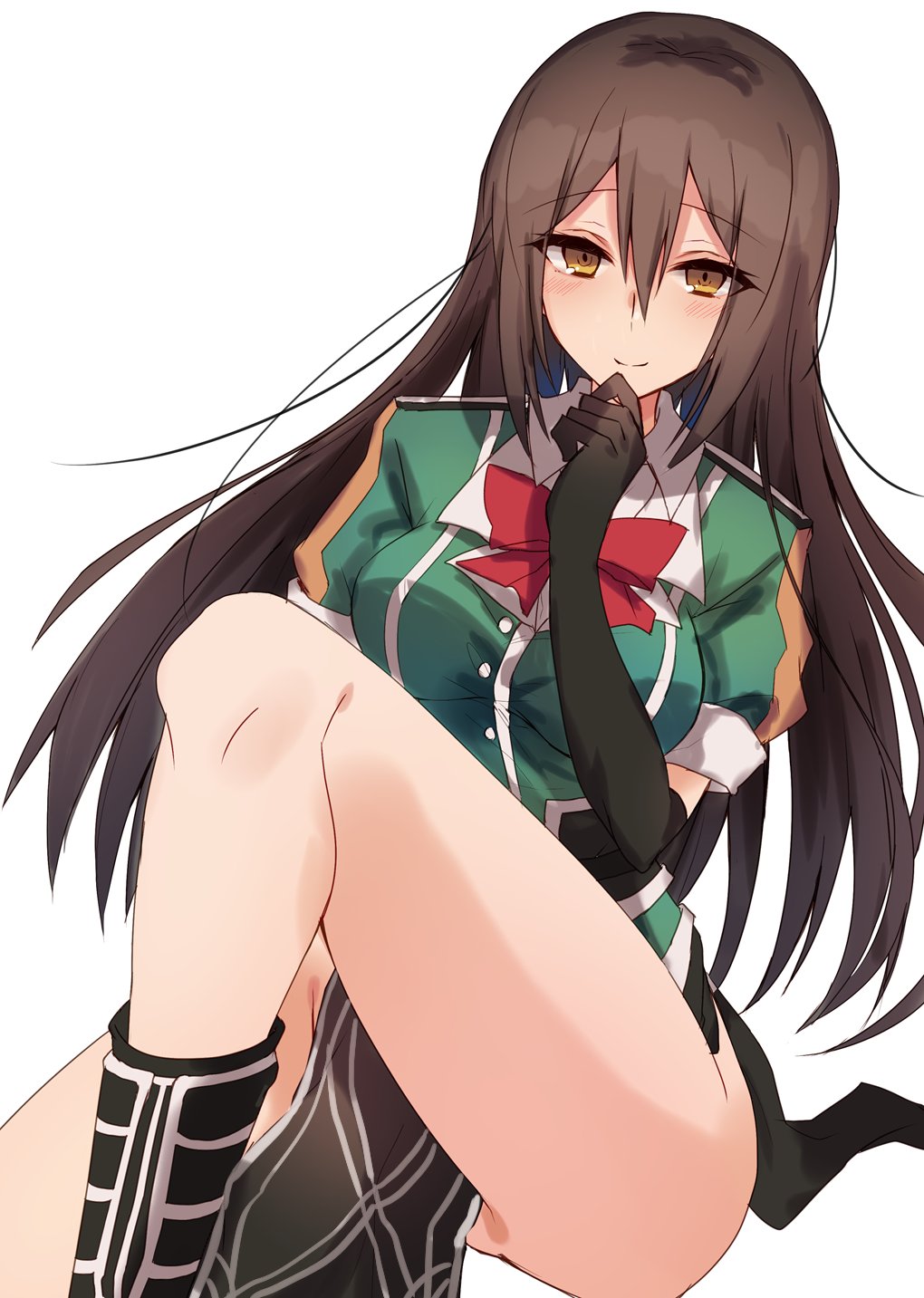 black_gloves black_hair brown_eyes chikuma_(kantai_collection) commentary_request elbow_gloves eyebrows_visible_through_hair gloves highres kantai_collection kinona long_hair looking_at_viewer simple_background smile solo white_background