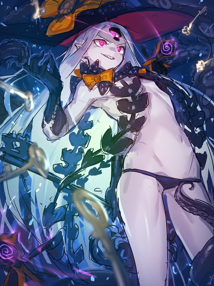 abigail_williams_(fate/grand_order) bangs bikini_bottom black_bow black_gloves bow commentary_request fate/grand_order fate_(series) forehead gloves hat keyhole melon22 orange_bow pale_skin parted_bangs polka_dot polka_dot_bow sketch witch_hat