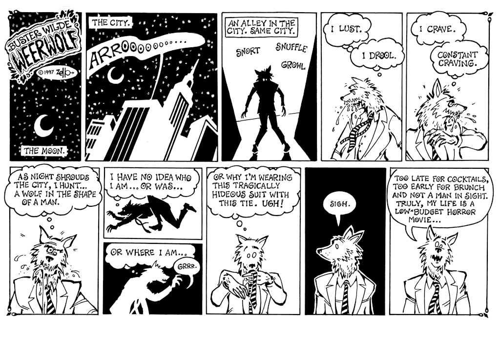 1997 buster_wilde canine clothed clothing comic english_text male mammal moon necktie saliva scot_zellman solo speech_bubble star text thought_bubble were werewolf