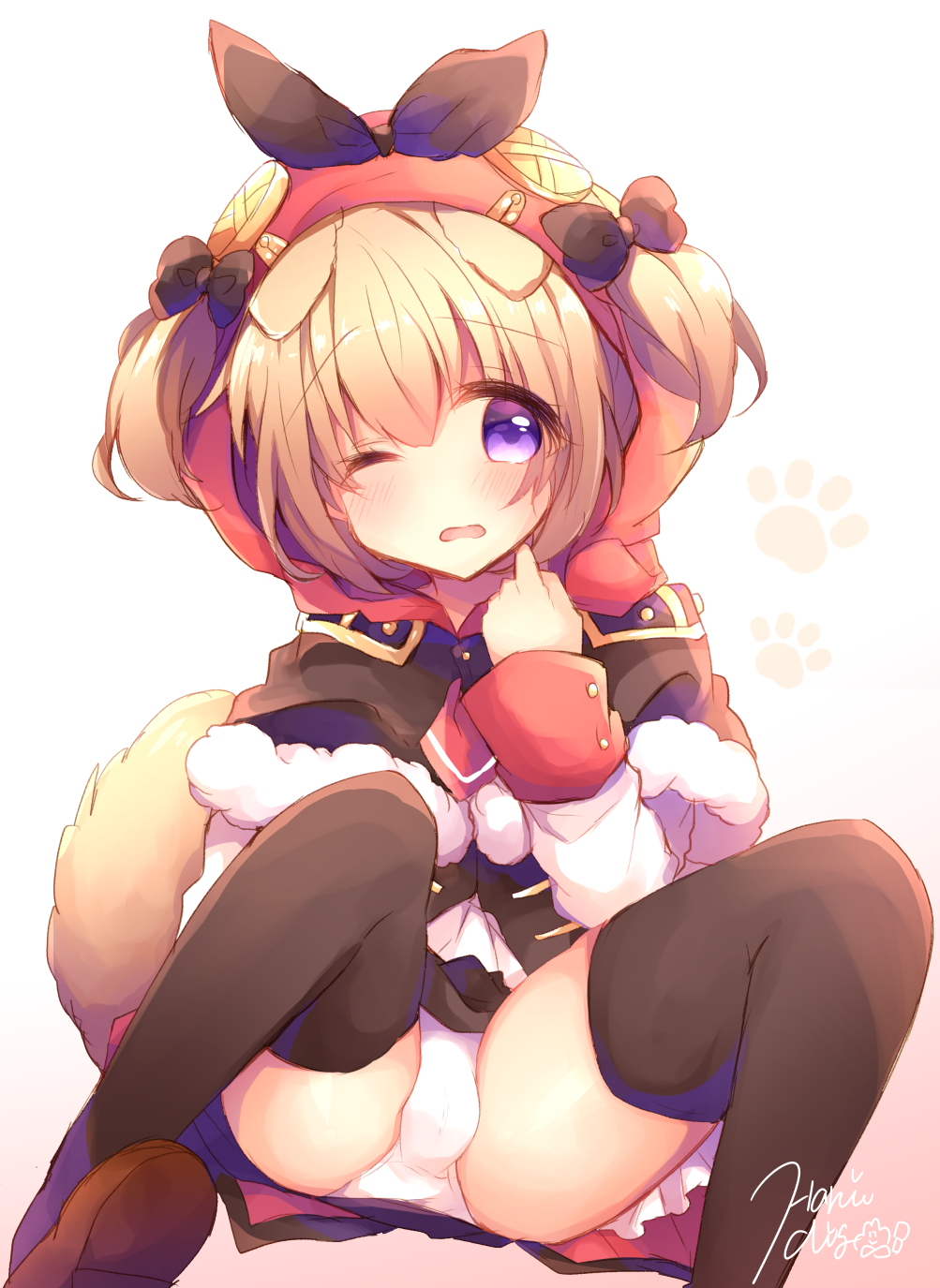animal_ears azur_lane bangs black_bow black_capelet black_legwear black_skirt blush bow brown_background brown_footwear capelet commentary_request dog_ears dog_girl dog_tail eyebrows_visible_through_hair fur-trimmed_capelet fur_trim gradient gradient_background hair_between_eyes hair_bow hand_up haru_ichigo highres hood hood_up hooded_capelet light_brown_hair long_sleeves norfolk_(azur_lane) one_eye_closed panties parted_lips purple_eyes shirt shoe_soles shoes signature sitting skirt sleeves_past_wrists solo tail thighhighs two_side_up underwear white_background white_panties white_shirt