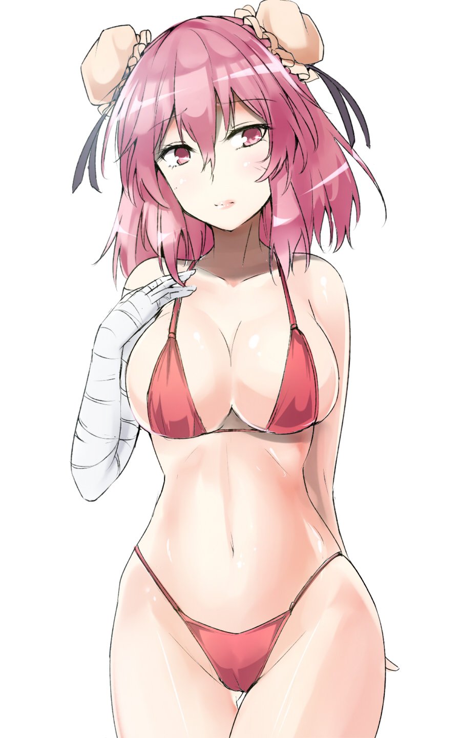 arm_behind_back ass_visible_through_thighs bandaged_arm bandages bangs bare_arms bare_shoulders bikini black_ribbon blush breasts bun_cover cameltoe collarbone commentary_request cowboy_shot double_bun eyebrows_visible_through_hair groin hair_between_eyes hand_up head_tilt highres ibaraki_kasen large_breasts lips looking_at_viewer navel pink_eyes pink_hair pink_lips red_bikini ribbon shiny shiny_skin short_hair simple_background solo standing stomach swimsuit thighs touhou white_background y2