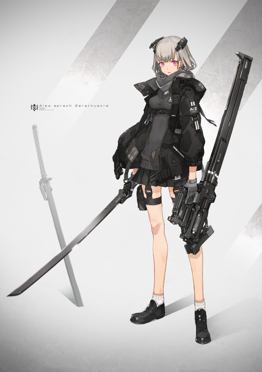 belt coat dual_wielding full_body highres holding looking_at_viewer neco original parted_lips pink_eyes pleated_skirt silver_hair skirt socks solo standing sword thigh_strap trigger_discipline weapon white_legwear