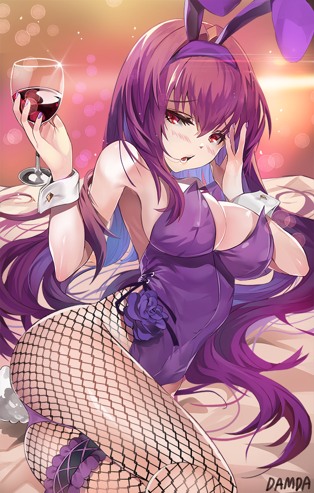 animal_ears bed blush breasts bunny_ears bunnysuit cleavage cup cupping_glass damda detached_collar drinking_glass fate/grand_order fate_(series) fishnets flower hair_intakes holding holding_cup large_breasts leg_garter leotard long_hair looking_at_viewer lying nail_polish open_mouth purple_flower purple_hair purple_leotard purple_nails purple_rose red_eyes rose scathach_(fate)_(all) scathach_(fate/grand_order) strapless strapless_leotard thigh_strap wine wine_glass wrist_cuffs