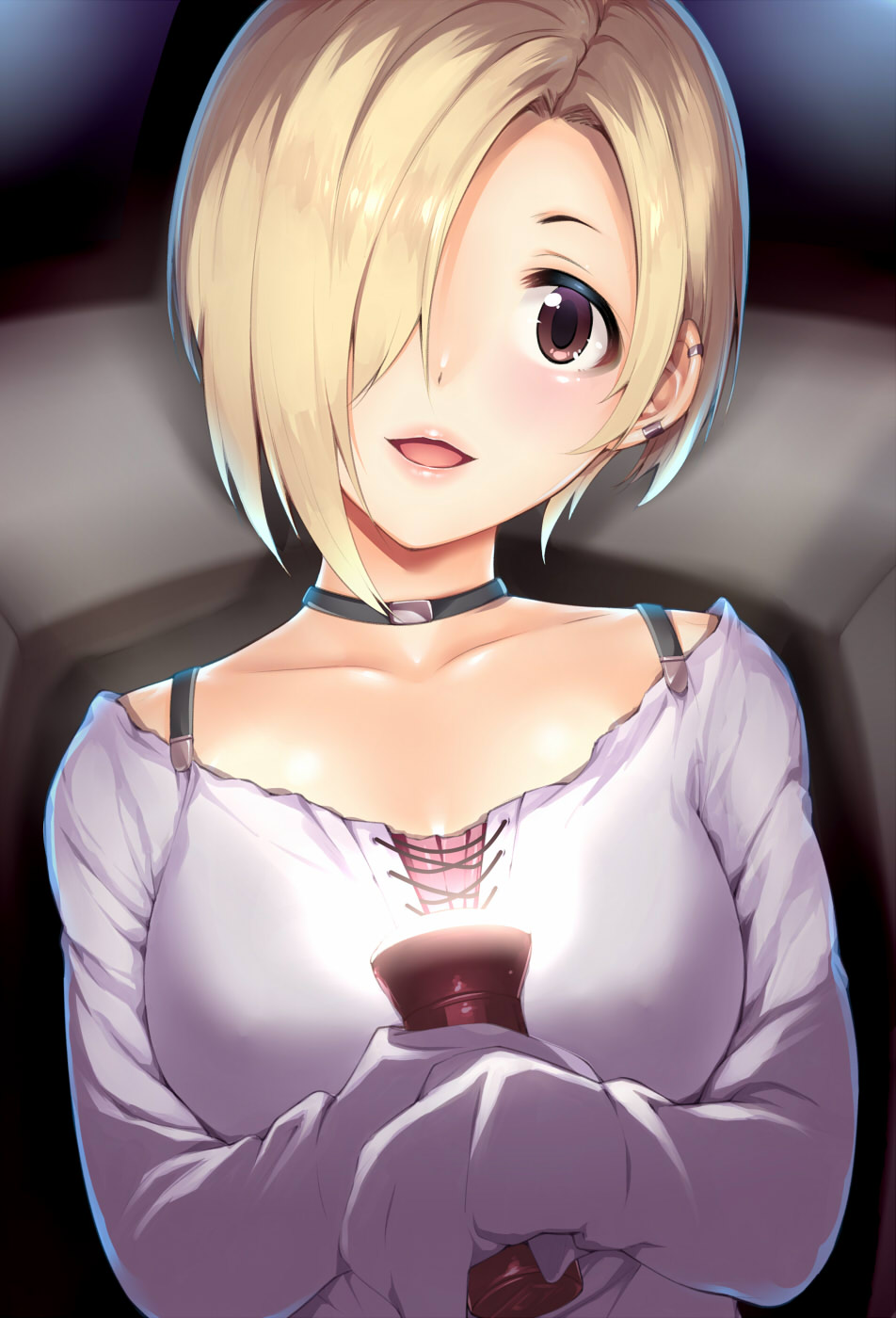 :d amasora_taichi black_choker blonde_hair blurry blurry_background blush brown_eyes choker collarbone commentary_request cross-laced_clothes ear_piercing flashlight hair_over_one_eye head_tilt highres holding idolmaster idolmaster_cinderella_girls lips long_sleeves looking_at_viewer open_mouth piercing shiny shiny_hair shirasaka_koume shirt short_hair sleeves_past_fingers sleeves_past_wrists smile solo upper_body white_shirt