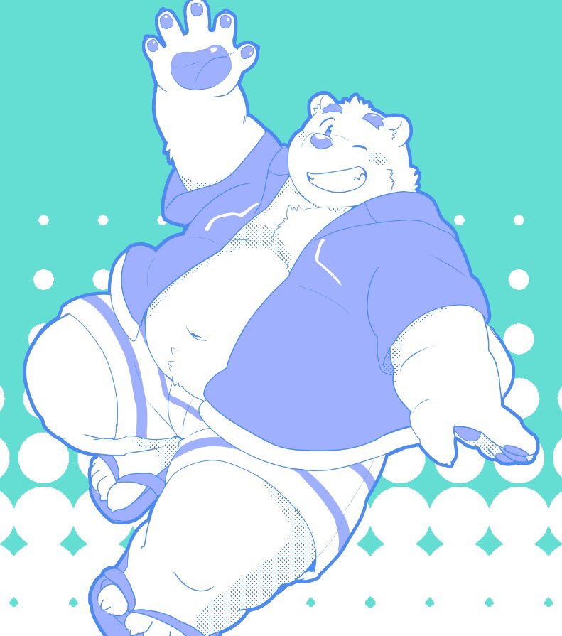 12beat13 2018 anthro bear belly blue_background blush clothed clothing male mammal moobs one_eye_closed open_shirt overweight overweight_male polar_bear shirane_kan shorts simple_background solo utau wink