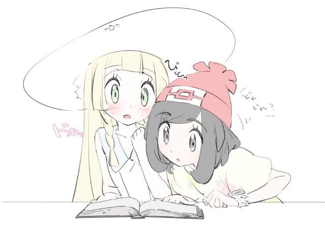 arm_support bangs beanie black_hair blonde_hair blush book braid collared_dress couple dress eyebrows_visible_through_hair floral_print green_eyes hat lillie_(pokemon) long_hair looking_at_another mizuki_(pokemon) multiple_girls nonobuki open_mouth pokemon pokemon_(game) pokemon_sm reading shirt short_hair side-by-side translation_request view yuri z-ring