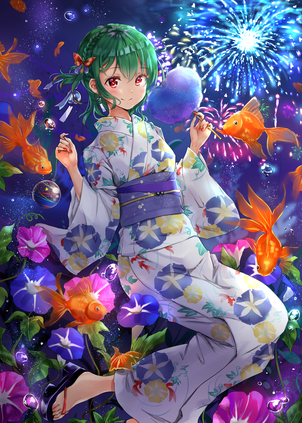 aerial_fireworks alternate_costume alternate_hairstyle bangs black_footwear blue_flower blue_sash blush bow braid breasts commentary_request cotton_candy eyebrows_visible_through_hair feet_out_of_frame fireworks fish floral_print flower food goldfish green_hair hair_between_eyes hair_bow hands_up highres holding holding_food japanese_clothes jumping kazami_yuuka kimono leaf long_sleeves looking_at_viewer medium_breasts morning_glory nail_polish night night_sky obi purple_flower red_nails sandals sash shironeko_yuuki short_hair sky smile solo star_(sky) starry_sky touhou water_drop water_yoyo white_kimono wide_sleeves wind_chime yukata