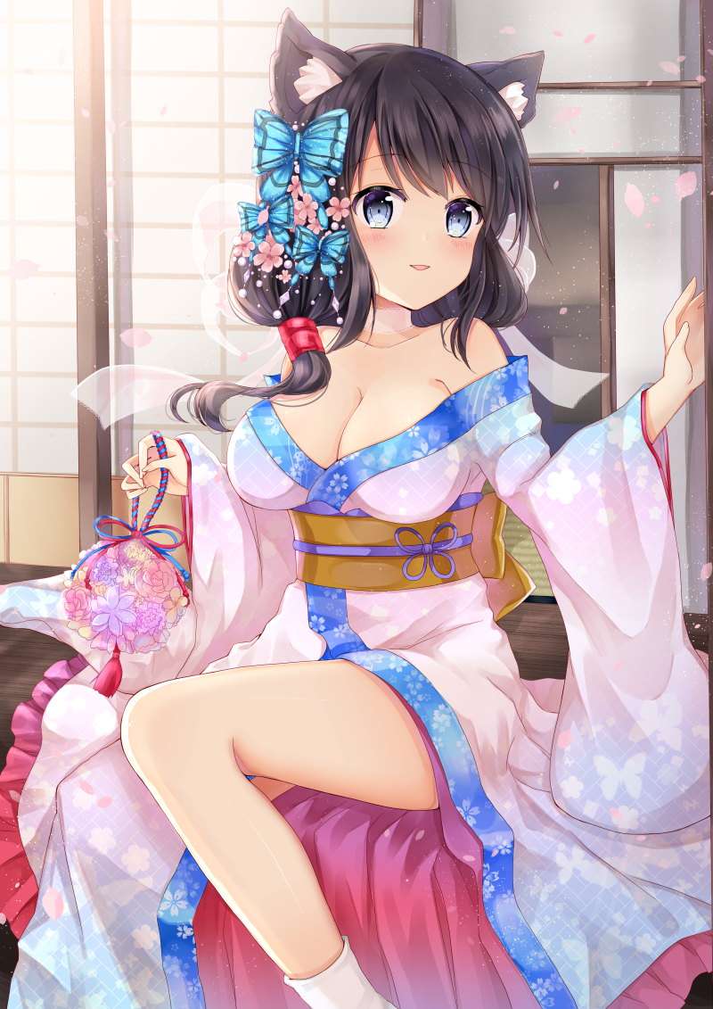 animal_ears azur_lane bangs black_hair blue_eyes blue_kimono blush breasts butterfly_hair_ornament cat_ears cleavage commentary_request eyebrows_visible_through_hair fingernails flower fusou_(azur_lane) gradient_kimono hair_flower hair_ornament hand_up holding japanese_clothes kimono long_hair long_sleeves looking_at_viewer medium_breasts obi off_shoulder parted_lips petals pink_flower sash see-through shikino_(sikinonono) sitting smile socks solo white_kimono white_legwear wide_sleeves