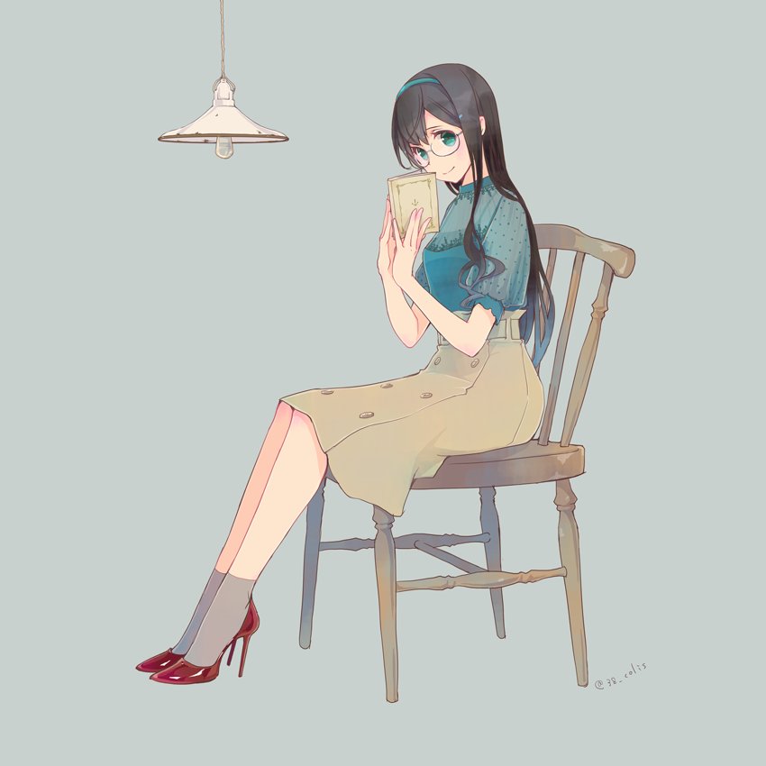 alternate_costume black_hair blouse blue_eyes book brown_skirt chair colis commentary_request full_body green_blouse grey_background grey_legwear hairband high_heels kantai_collection lamp long_hair looking_at_viewer ooyodo_(kantai_collection) red_footwear short_socks simple_background sitting skirt socks solo white_hairband