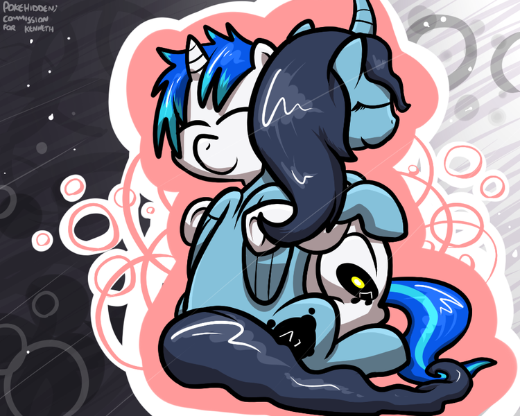 blue_fur blue_hair cutie_mark embrace equine eyes_closed fan_character female fur hair hands_on_back hooves horn hug male mammal multicolored_hair my_little_pony pokehidden signature sitting smile unicorn white_fur winged_unicorn wings